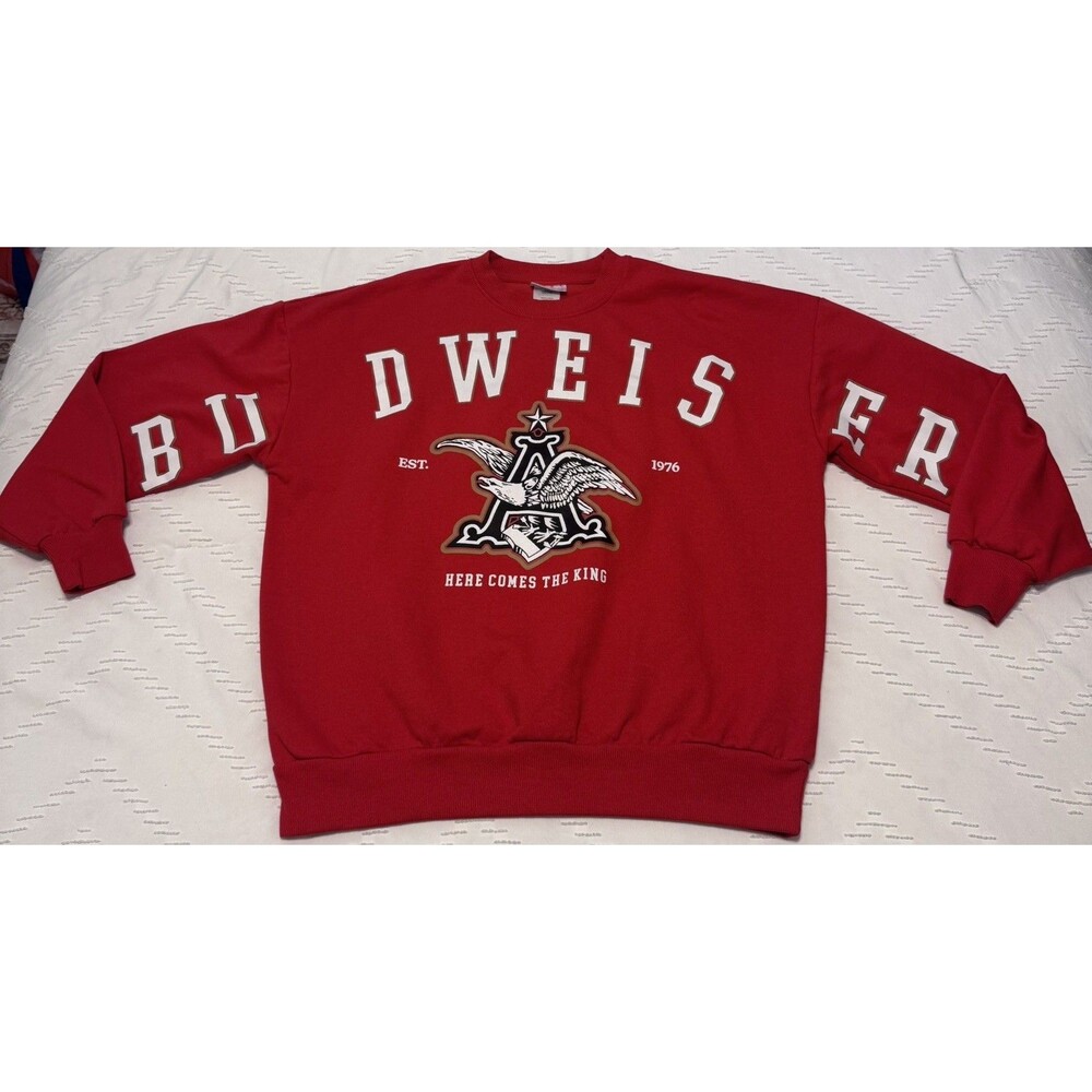 Budweiser Sweatshirt Size M Red Spellout Logo Crew Neck Pullover Retro Eagle Y2K